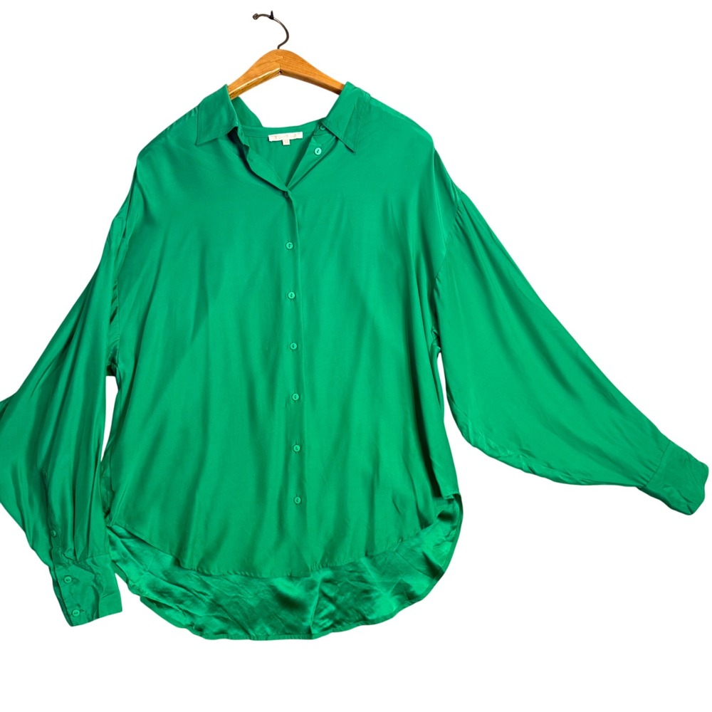 Gold Hawk 100% Silk Blouse Women's M Green Oversized High Low Long Sleeve Shirt